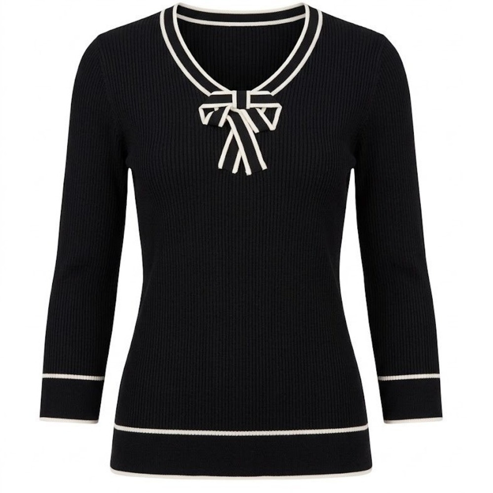 Talbots Black Ribbed Knit Bow V-Neck 3/4 Sleeve Sweater XL Preppy Tipped Trim